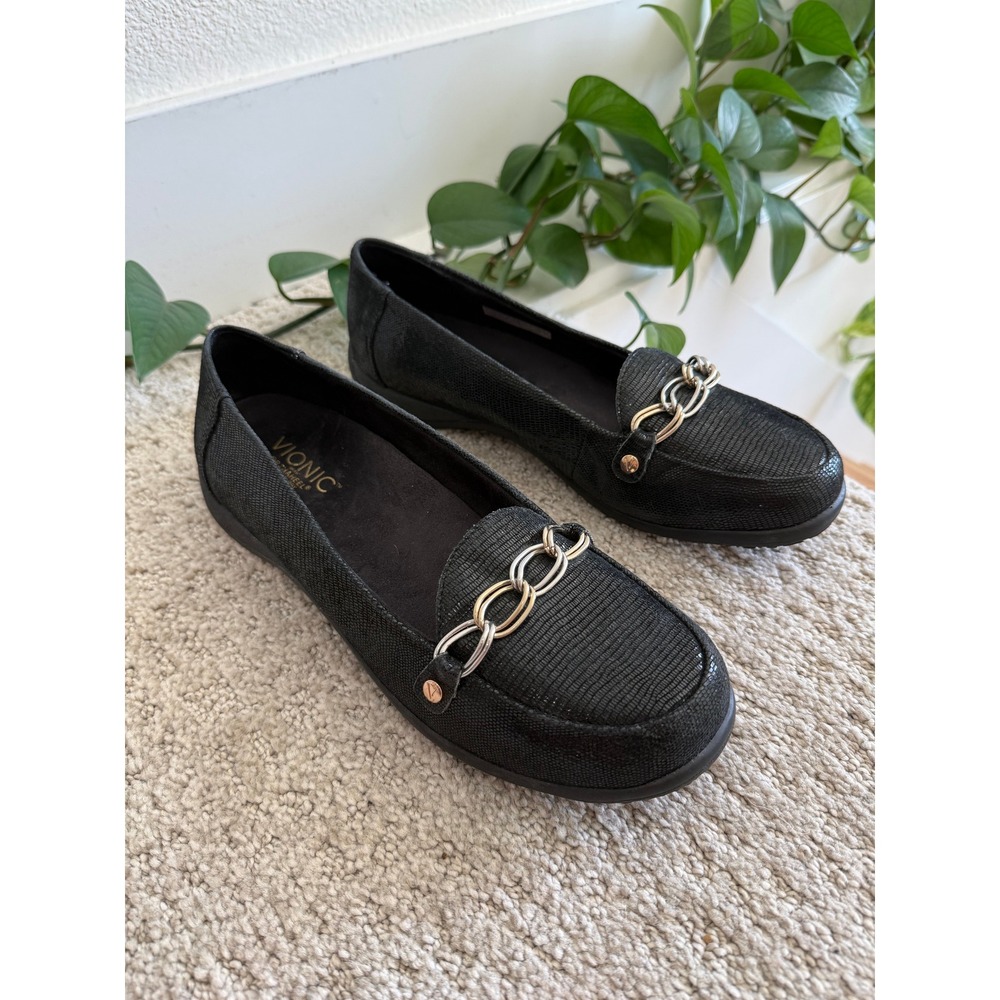 Vionic Orthaheel Alda Lizard Embossed Leather Chain Orthotic Loafer Black 10
